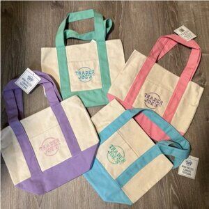 Trader Joes Pastel Mini Canvas Tote Bags Set of 4 (Pink, Lavender, Green, Blue)